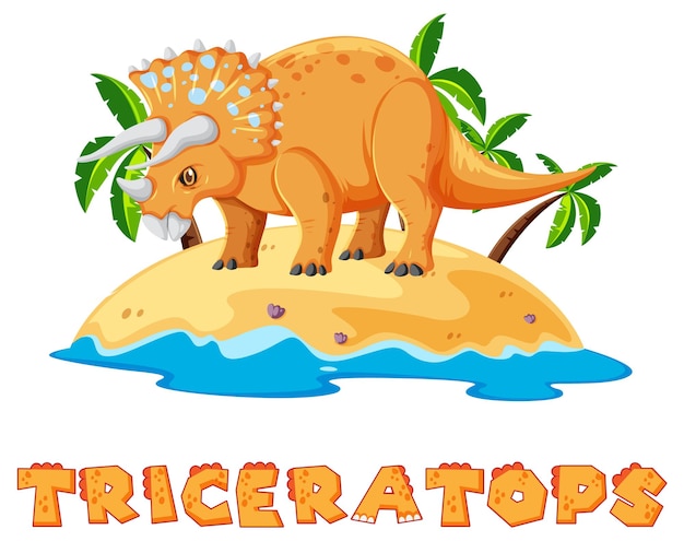 Vector gratuito escena con triceratops de dinosaurios con diseño de texto en la isla.