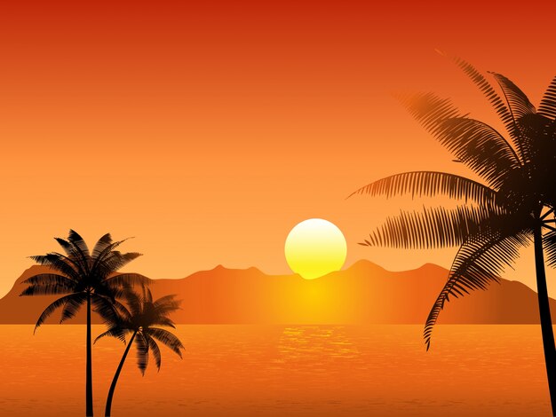 Escena tropical de puesta de sol con palmeras