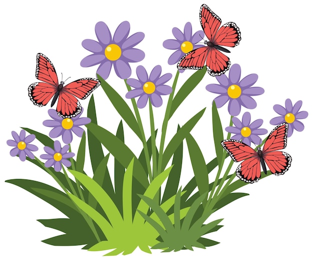 Vector gratuito escena vectorial de mariposas y flores