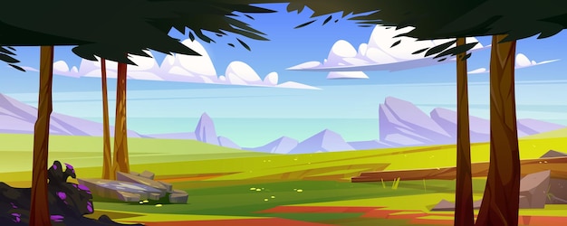 Vector gratuito escena de verano con prados y montañas.