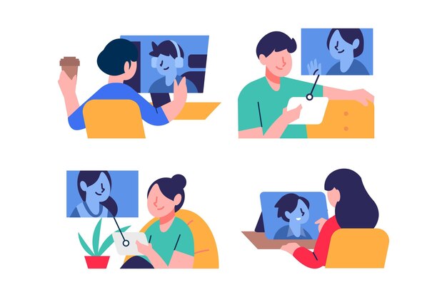 Escena de videoconferencia de amigos dibujados a mano