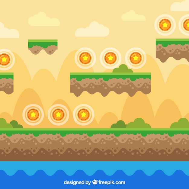 Escena de videojuego de plataforma con estrellas