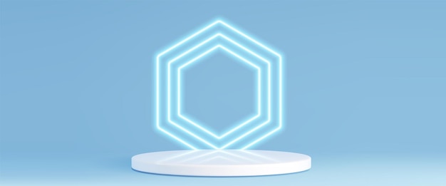 Escenario circular blanco con hexágono azul neón