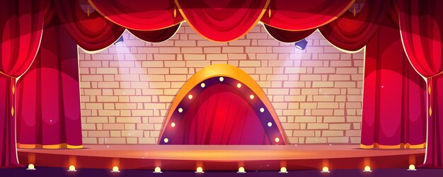 Escenario de concierto de teatro de dibujos animados con cortina roja