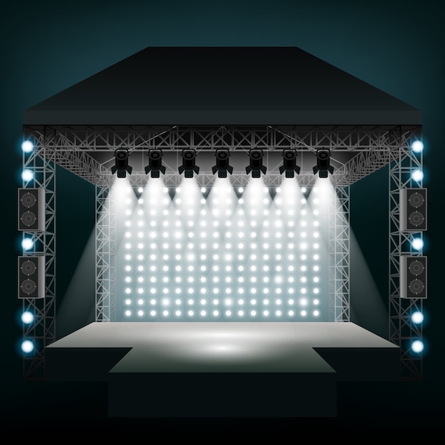 Escenario de conciertos con focos. Espectáculo y escena, fiesta disco de entretenimiento.