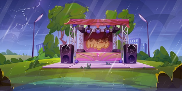 Vector gratuito escenario de un festival de música al aire libre con altavoces bajo la lluvia con truenos y relámpagos vector de dibujos animados del verano lluvioso paisaje de parque público de la ciudad con escena de actuación de un músico vacío bajo gotas que caen