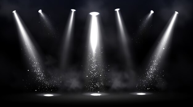 Escenario iluminado por focos. Escena vacía con punto de luz en el suelo.