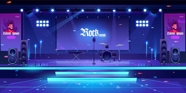 Vector gratuito escenario con instrumentos y equipos de música rock.