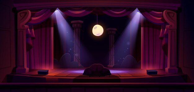 Escenario de teatro con cortinas rojas ilumina la luna