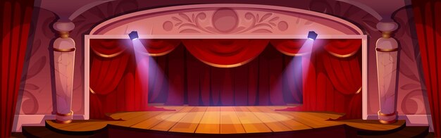 El escenario del teatro con cortinas rojas y reflectores