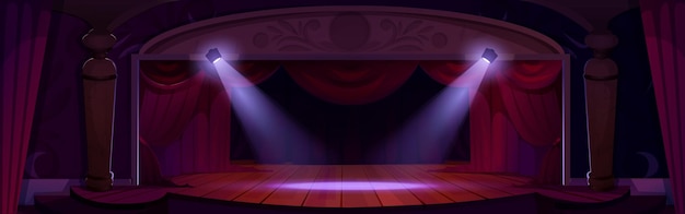 El escenario del teatro de dibujos animados con cortina y focos