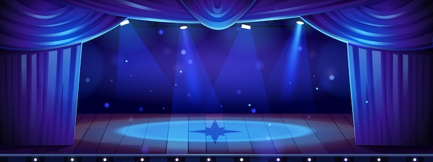 Vector gratuito escenario de teatro de dibujos animados con cortinas azules