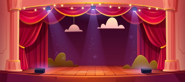Escenario de teatro de dibujos animados con cortinas rojas
