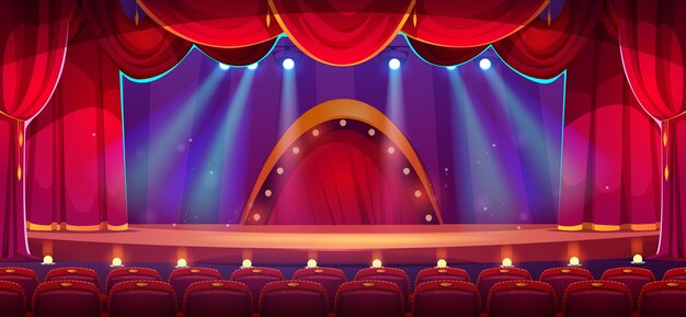 Escenario de teatro de dibujos animados con focos de cortinas rojas y filas de asientos vacíos Ilustración vectorial de la escena interior de madera de la sala de conciertos con cortinas de terciopelo iluminadas con reflectores Espectáculo nocturno