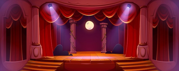 Escenario de teatro con luces de cortinas rojas y luna.
