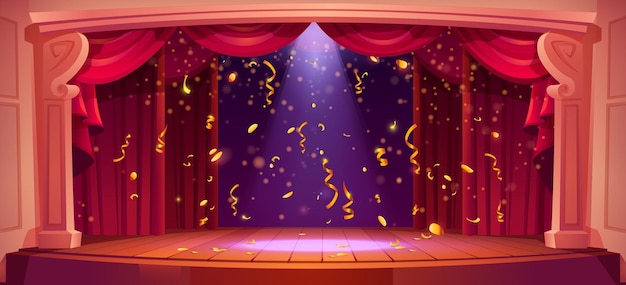 Escenario de teatro con luz de cortina roja y confeti