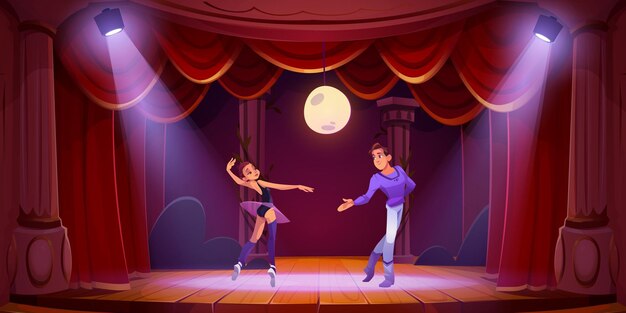 Escenario de teatro con pareja de bailarines de ballet
