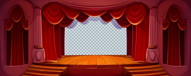Escenario de teatro con piso de madera de cortinas rojas