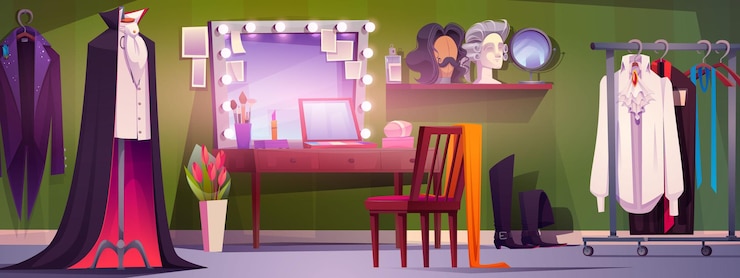 Vector gratuito tras el escenario vestuario y sala de maquillaje con espejo vestuario masculino para ilustración teatral de broadway artista famoso cambio de estudio con fondo de dibujos animados con luz de neón interior del vestidor