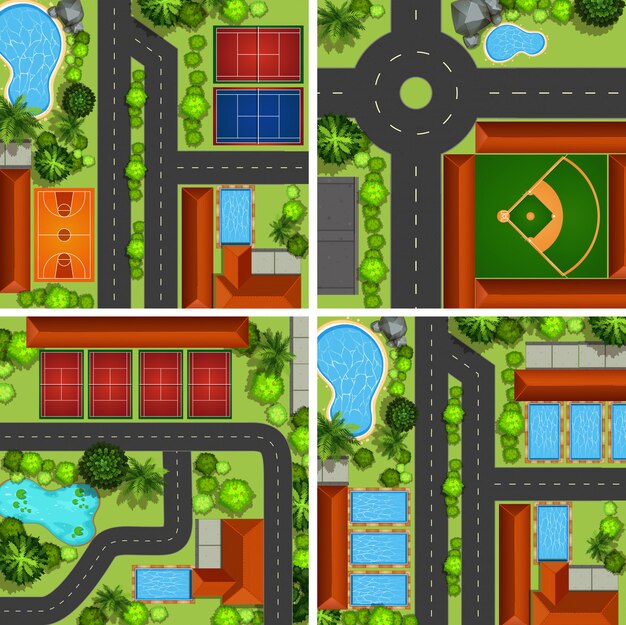 Escenas aéreas con carreteras y canchas deportivas.