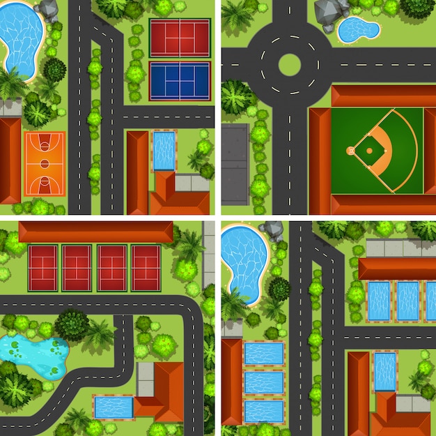 Escenas aéreas con carreteras y canchas deportivas