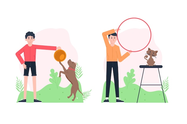 Vector gratuito escenas cotidianas con concepto de mascotas con perro y gato