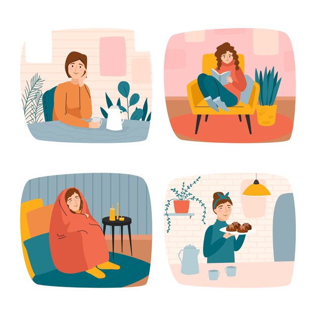 Escenas de estilo de vida de hygge dibujadas a mano