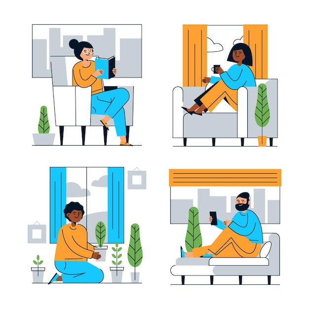 Vector gratuito escenas de estilo de vida de hygge dibujadas a mano