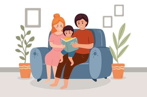 Escenas familiares dibujadas a mano en el sofá.