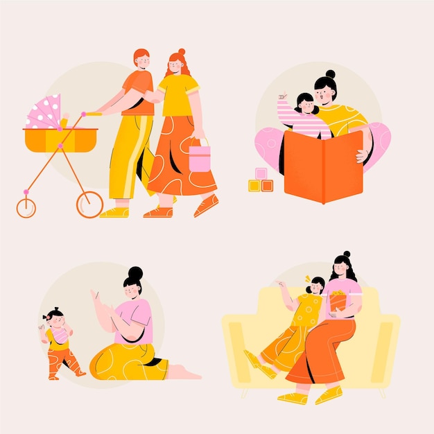 Escenas familiares ilustradas dibujadas a mano.