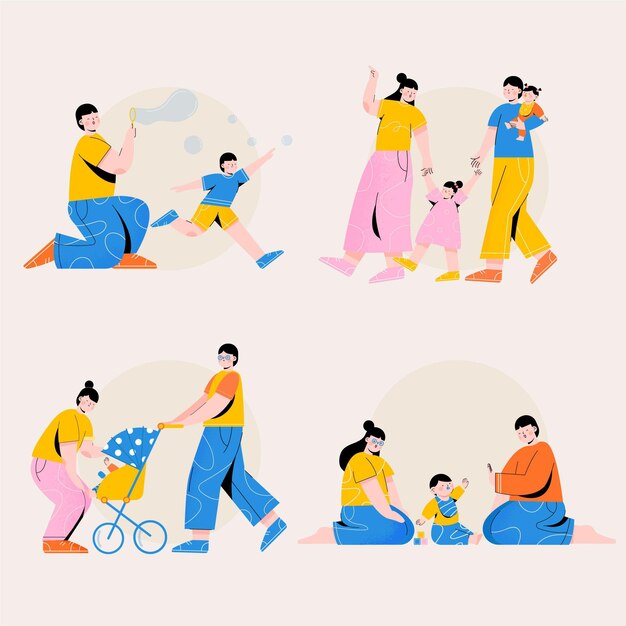 Escenas familiares ilustradas dibujadas a mano.