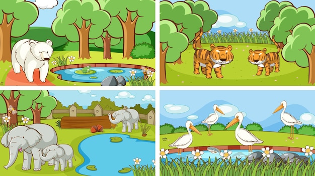 Vector gratuito escenas de fondo de animales en la naturaleza.