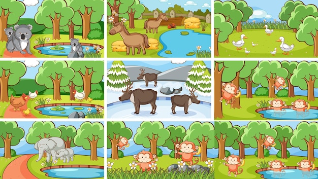 Vector gratuito escenas de fondo de animales en la naturaleza.