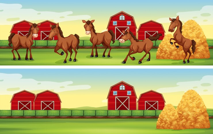 Vector gratuito escenas de la granja con caballos y graneros.