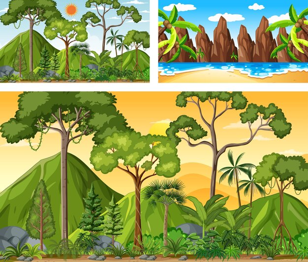 Escenas horizontales de diferente naturaleza en estilo de dibujos animados.