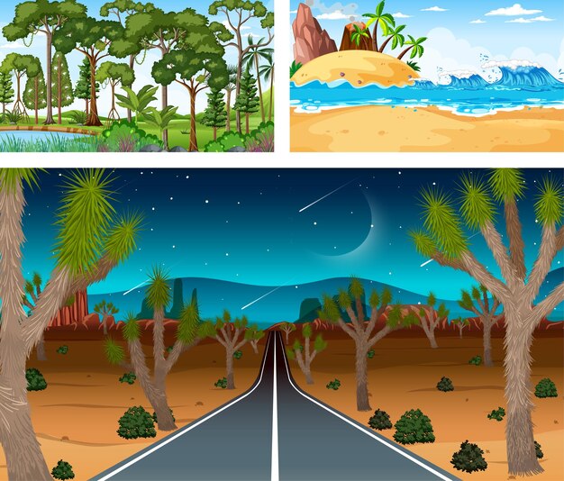 Escenas horizontales de diferente naturaleza en estilo de dibujos animados.