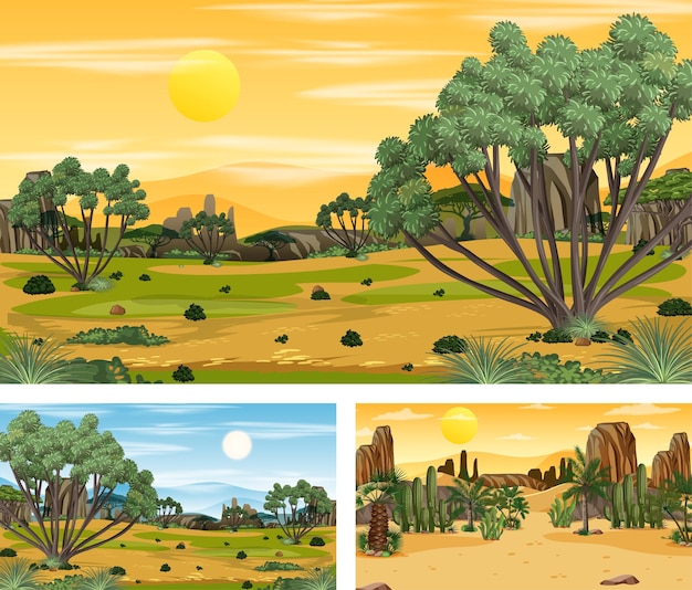 Escenas horizontales de diferente naturaleza en estilo de dibujos animados.