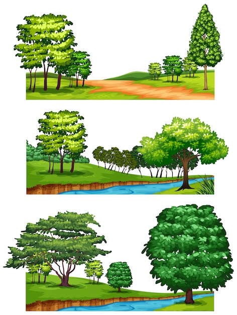 Vector gratuito escenas de la naturaleza con árboles y ríos