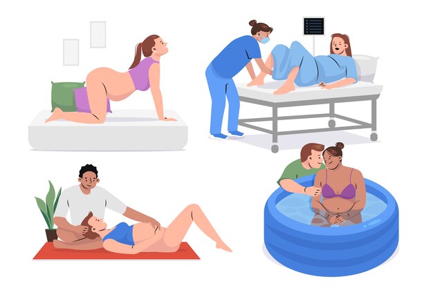 Escenas de parto en diseño plano dibujado a mano.