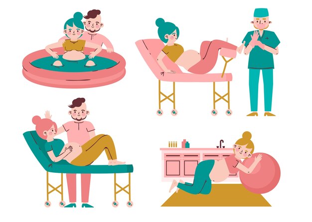 Escenas de parto en diseño plano dibujado a mano.