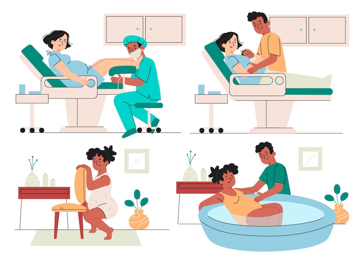 Vector gratuito escenas de parto ilustradas dibujadas a mano.