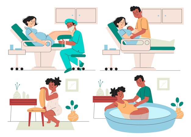 Escenas de parto ilustradas dibujadas a mano.