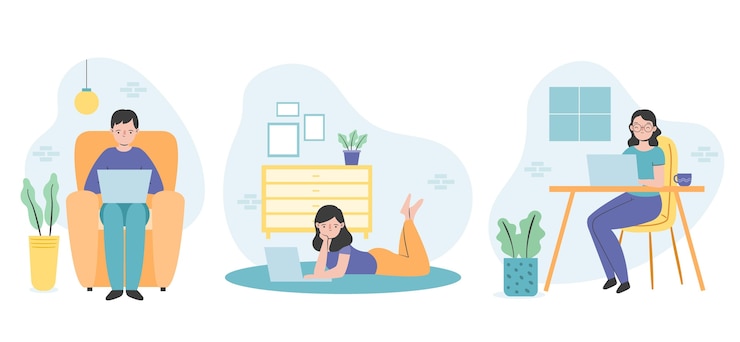 Vector gratuito escenas de trabajo remoto dibujadas a mano plana