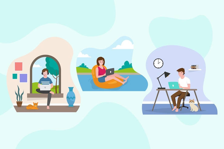 Vector gratuito escenas de trabajo remoto dibujadas a mano plana