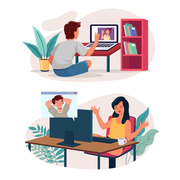 Escenas de videoconferencia de amigos dibujados a mano plana