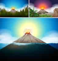 Vector gratuito escenas con volcan en bosque y oceano.
