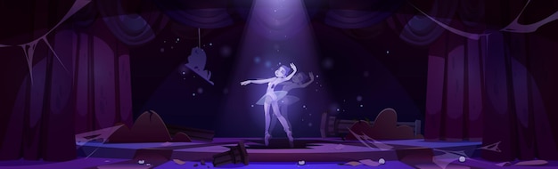 Vector gratuito esceno de ballet de teatro abandonado y fondo de actuación de fantasma de bailarina cortina de teatro con foco en la escena de baile de la chica muerta ilustración del interior de la sala de baile rota y desordenada con tela de araña