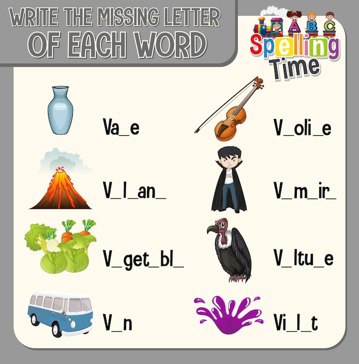 Vector gratuito escriba la letra que falta en la hoja de trabajo de cada palabra para niños