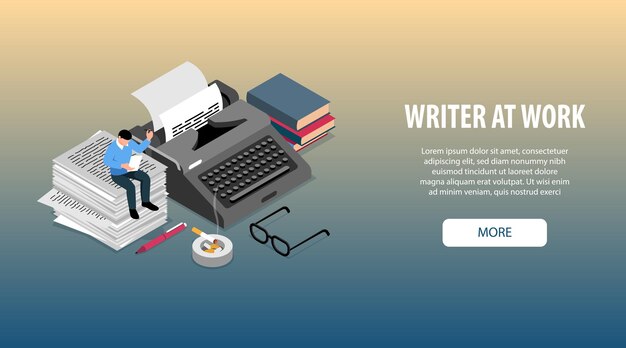 Escritor en el trabajo atributos accesorios herramientas banner web horizontal isométrico con libros máquina de escribir gafas pluma