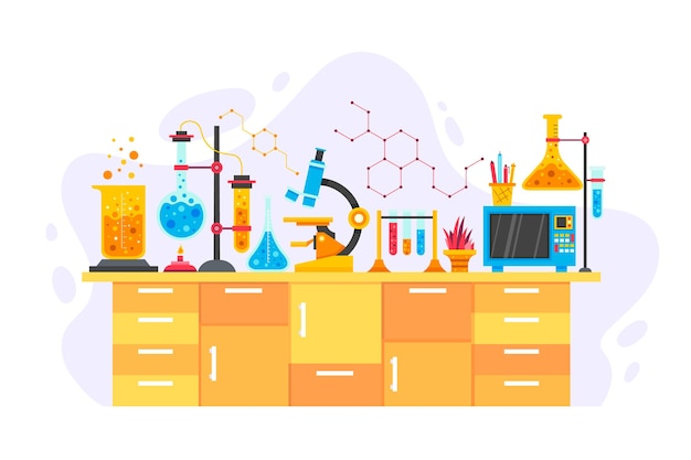 Vector gratuito escritorio científico con objetos químicos.